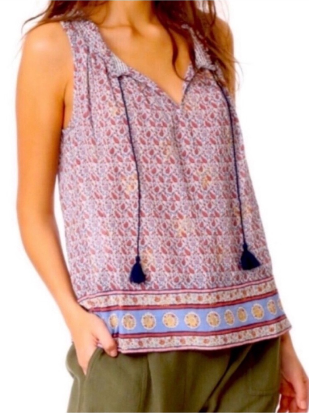 Faded glory Sleeveless Printed Tassel Boho Top in Multi-Color